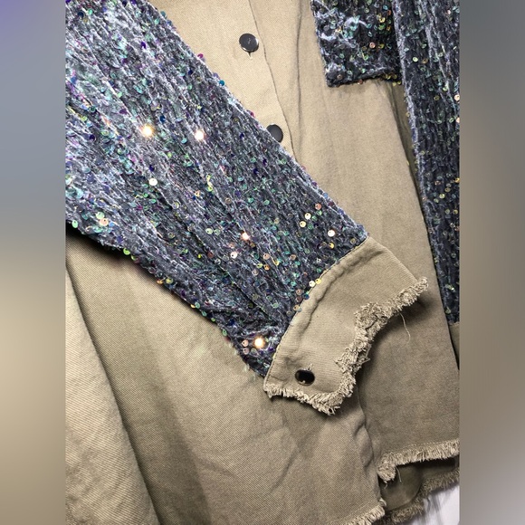 Women Sequin Patchwork Long Sleeve Sparkle Casual Glitter Jeans Bomber Jacket - Picture 6 of 10